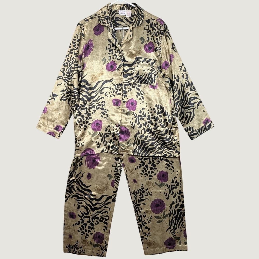 Gilligan O'Malley Satin Pajama Set Gold Satin‎ Animal Tiger Print Floral Size M